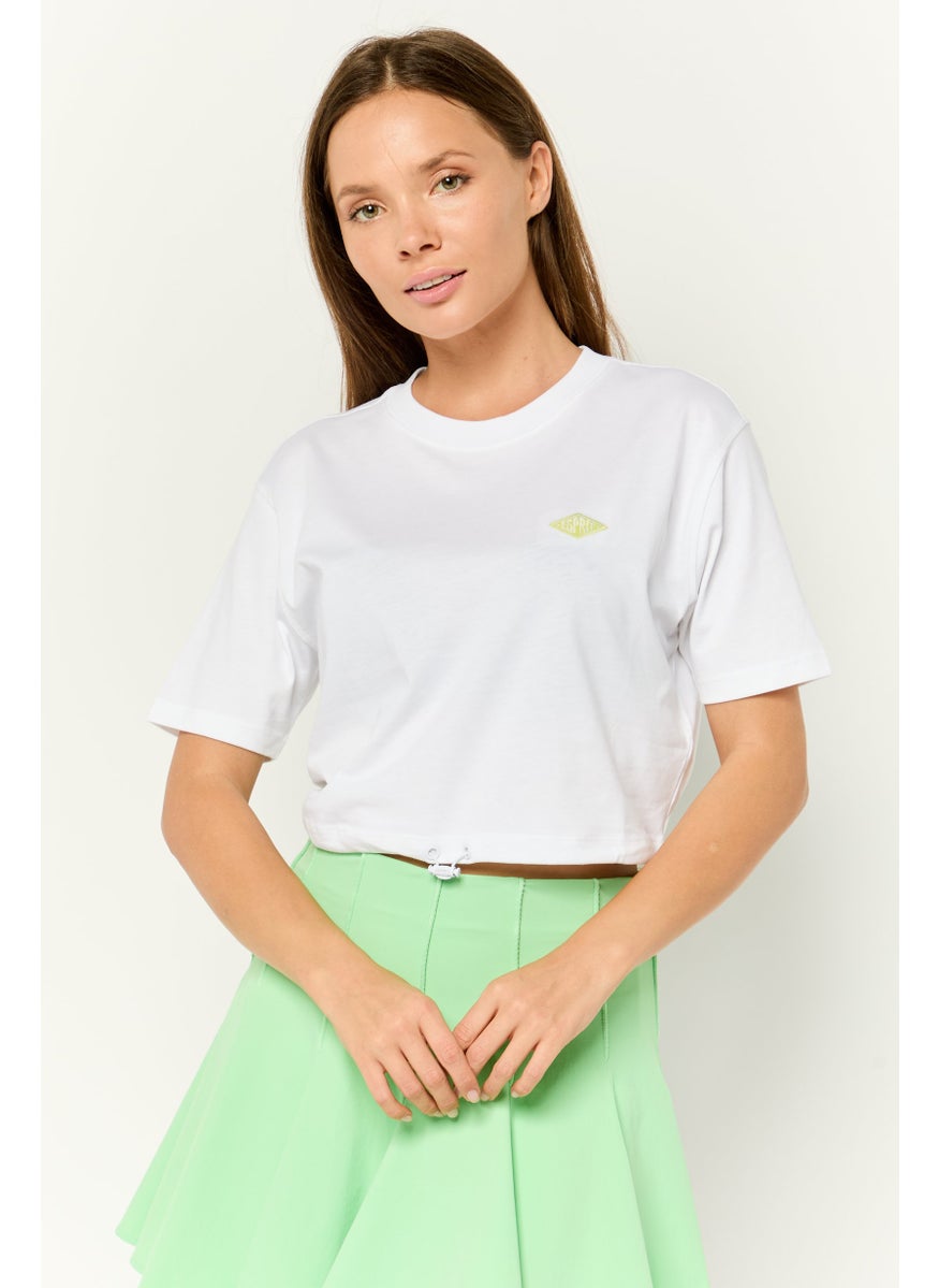 Women Round Neck Short Sleeves Embroidered Logo Crop Top, White