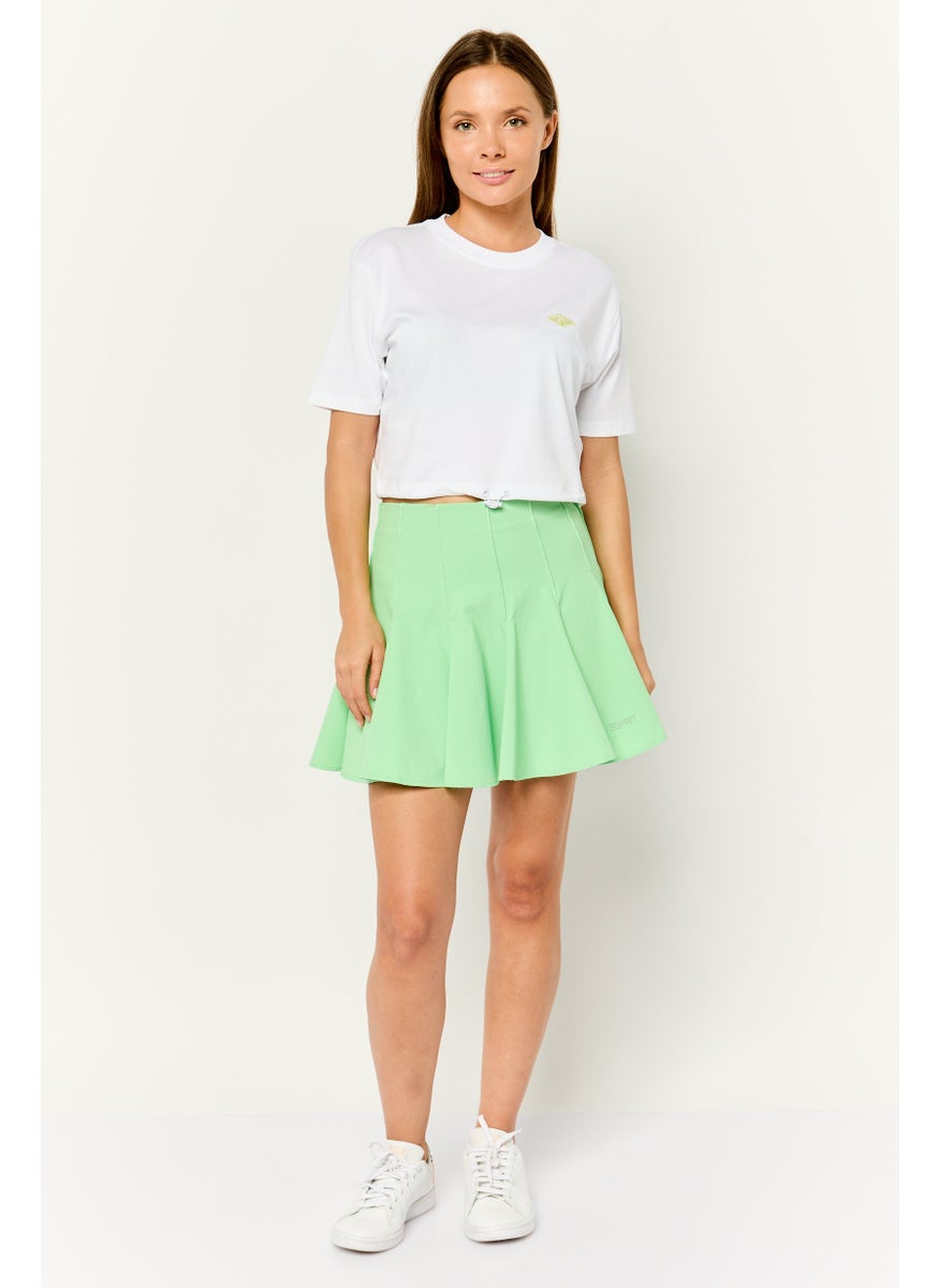 Women Round Neck Short Sleeves Embroidered Logo Crop Top, White
