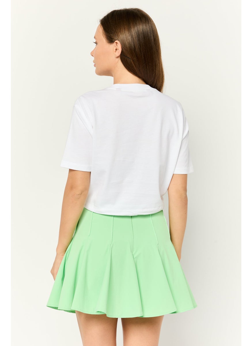 Women Round Neck Short Sleeves Embroidered Logo Crop Top, White