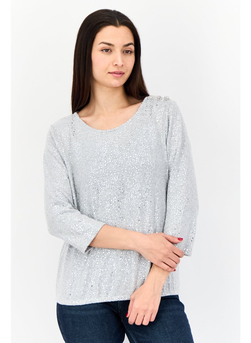 Women Scoop Neck 3/4 Sleeves Metallic Top, Grey