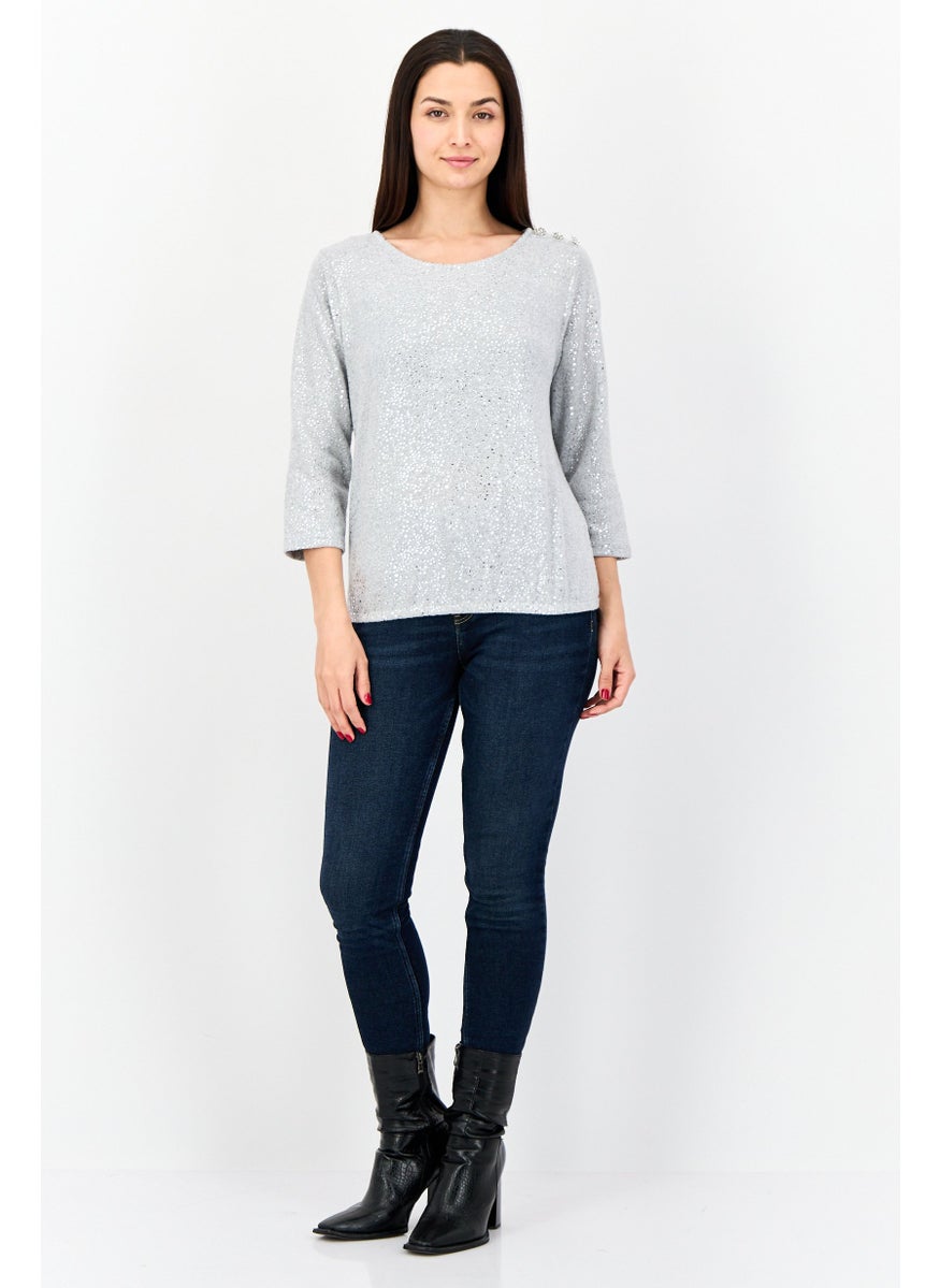 Women Scoop Neck 3/4 Sleeves Metallic Top, Grey