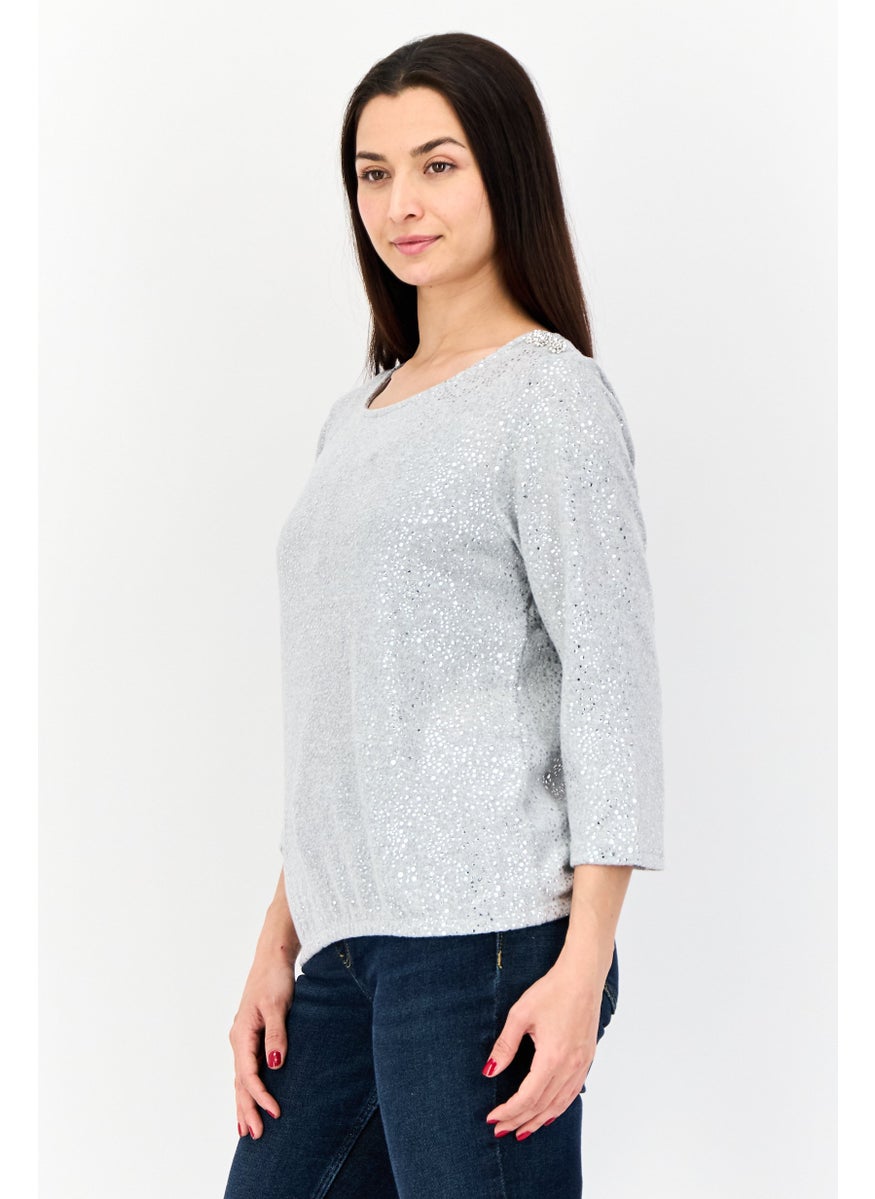 Women Scoop Neck 3/4 Sleeves Metallic Top, Grey