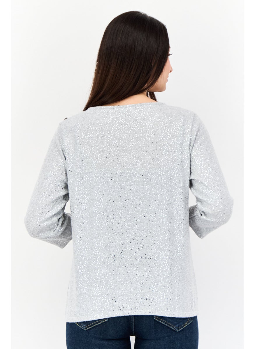 Women Scoop Neck 3/4 Sleeves Metallic Top, Grey