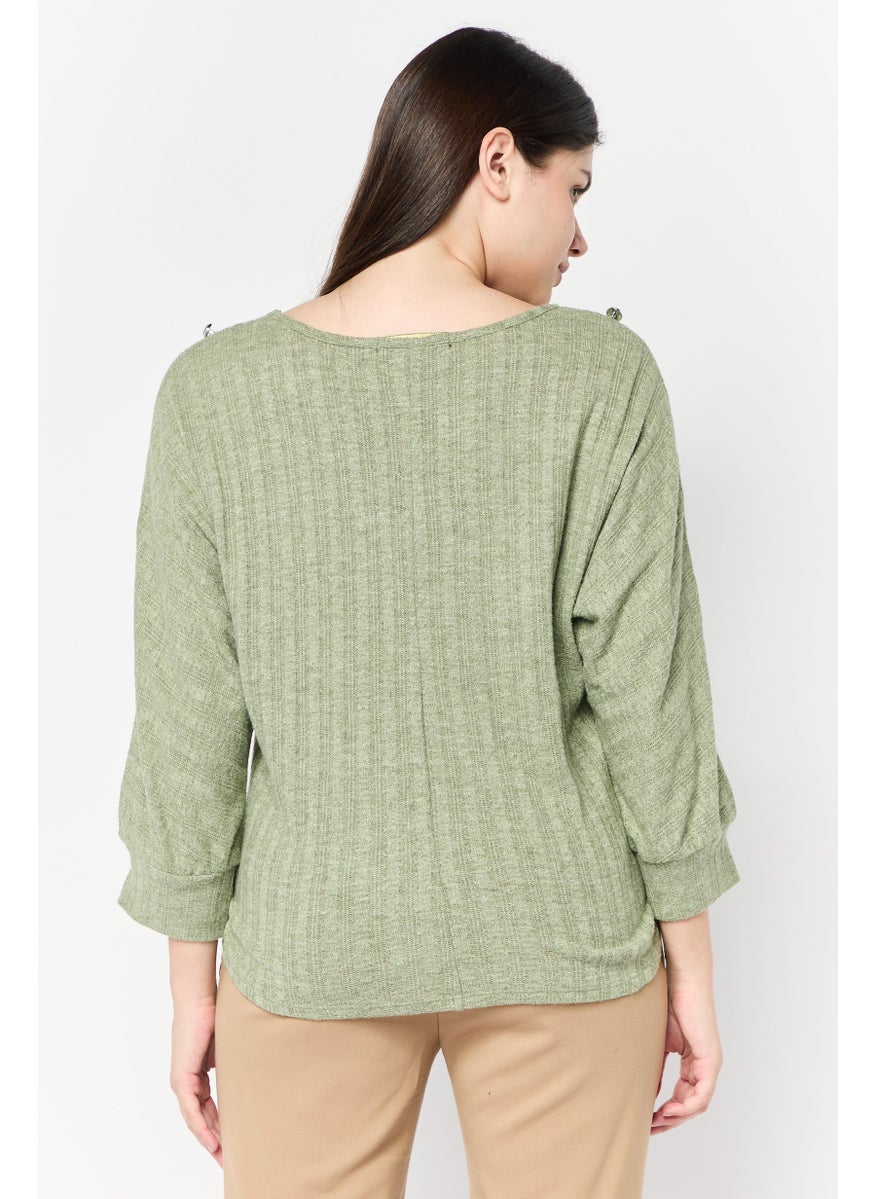 Women Crew Neck Long Sleeves Textured Blouse, Green