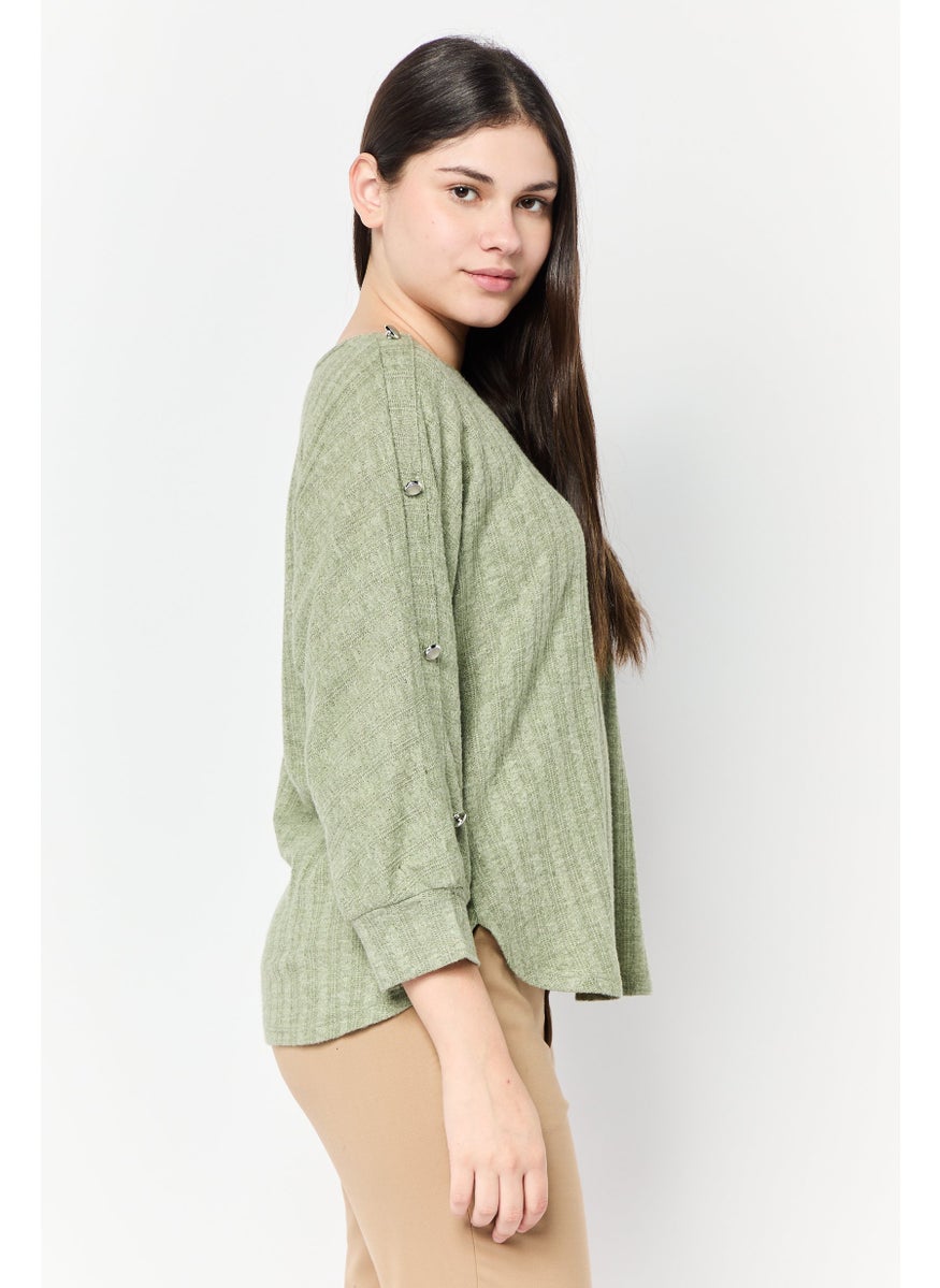 Women Crew Neck Long Sleeves Textured Blouse, Green