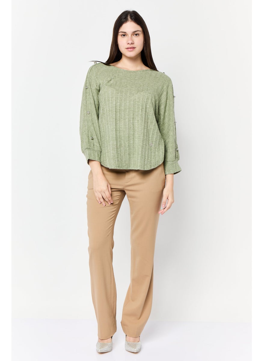 Women Crew Neck Long Sleeves Textured Blouse, Green