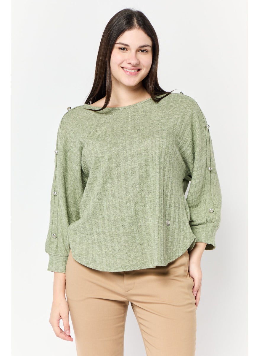 Women Crew Neck Long Sleeves Textured Blouse, Green