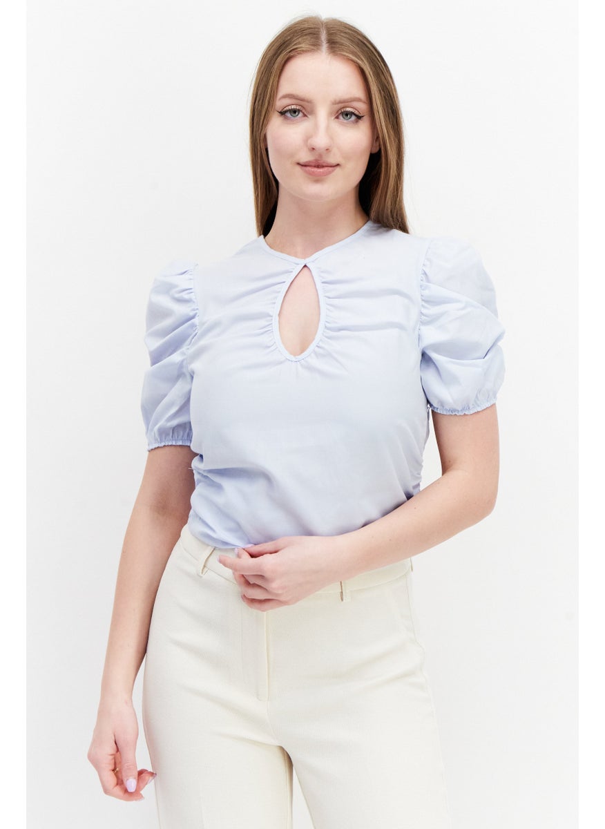 Women Keyhole Neck Short Sleeve Plain Top, Dusty Blue