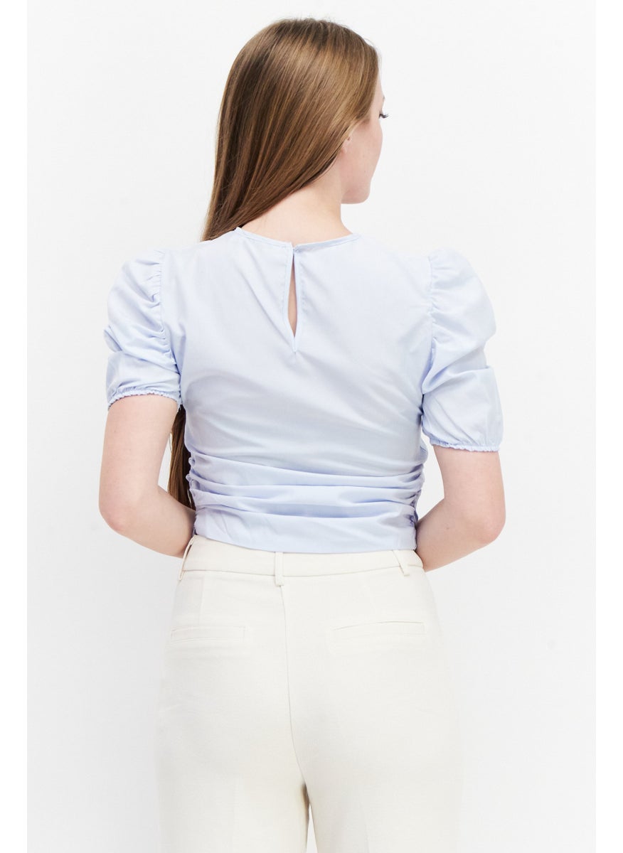 Women Keyhole Neck Short Sleeve Plain Top, Dusty Blue