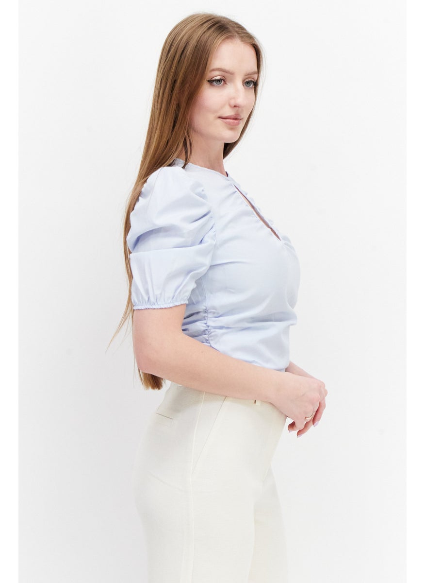 Women Keyhole Neck Short Sleeve Plain Top, Dusty Blue