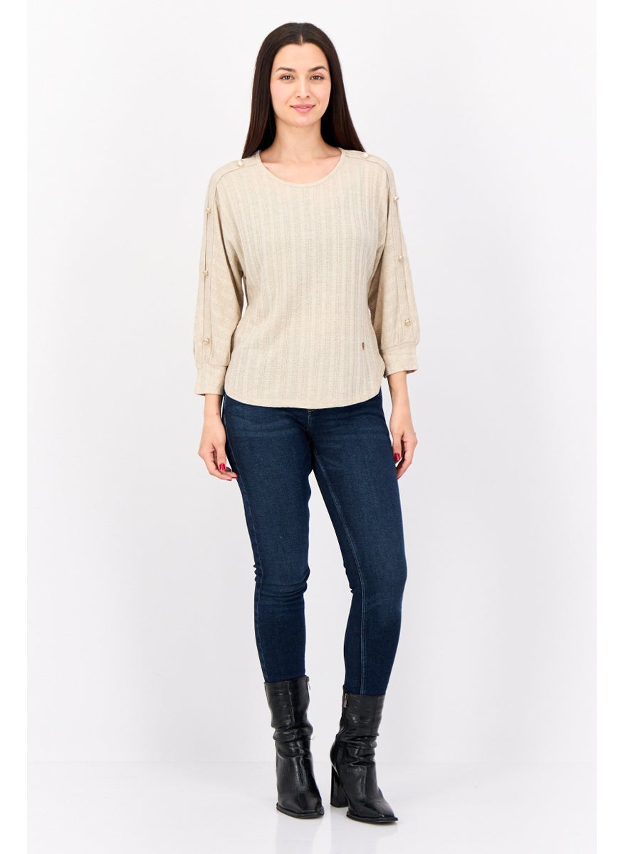 Women Round Neck Textured Top, Light Brown