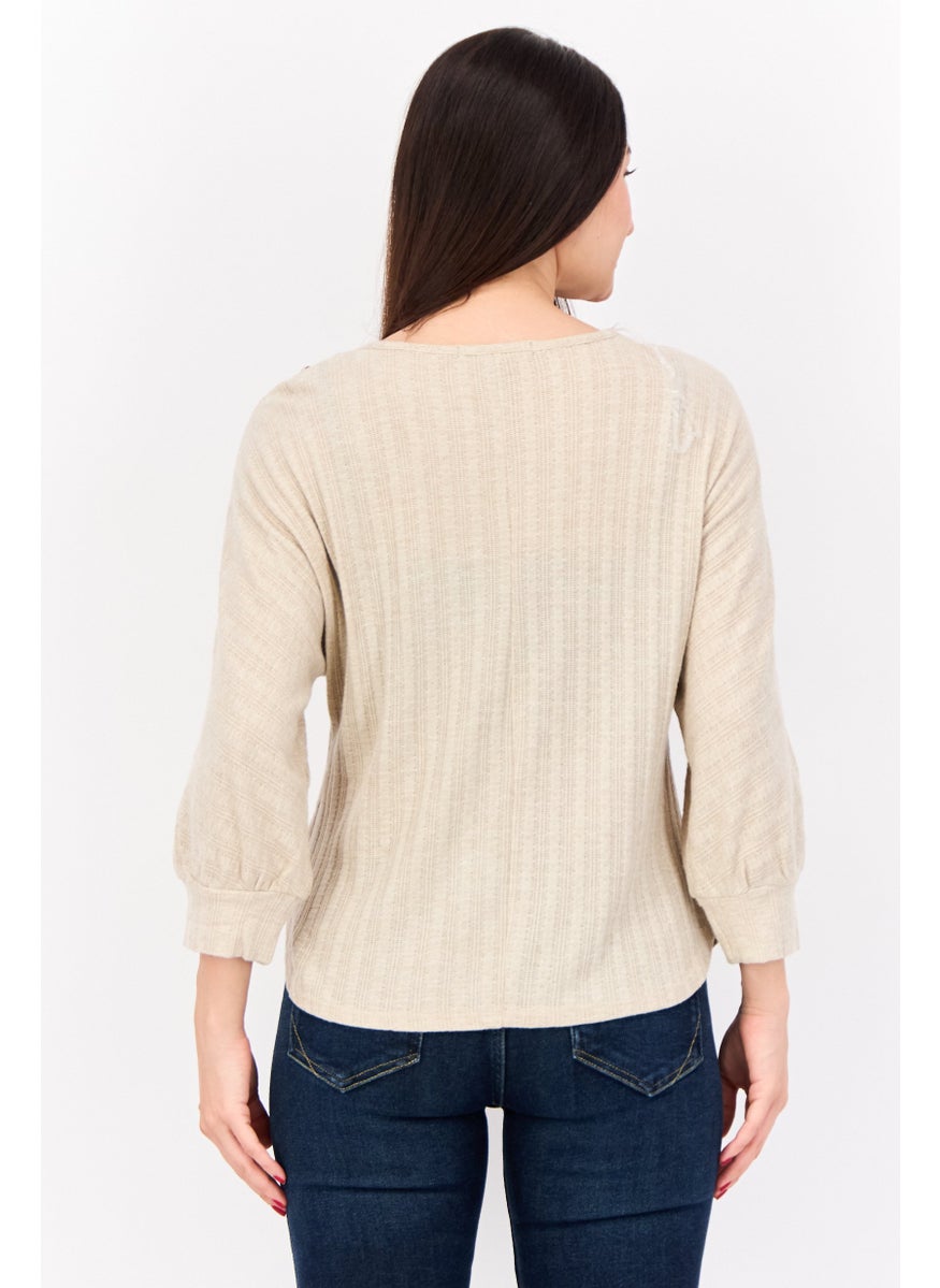 Women Round Neck Textured Top, Light Brown
