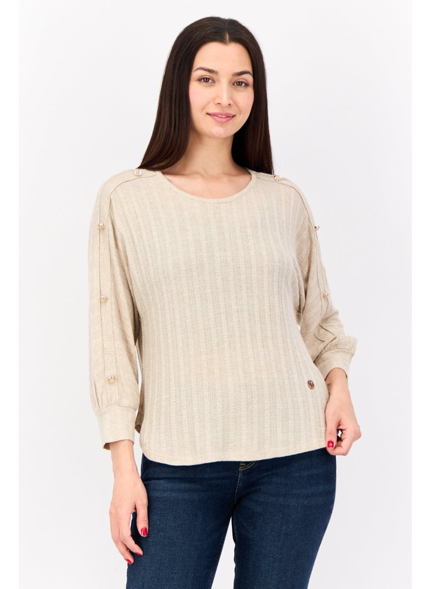 Women Round Neck Textured Top, Light Brown