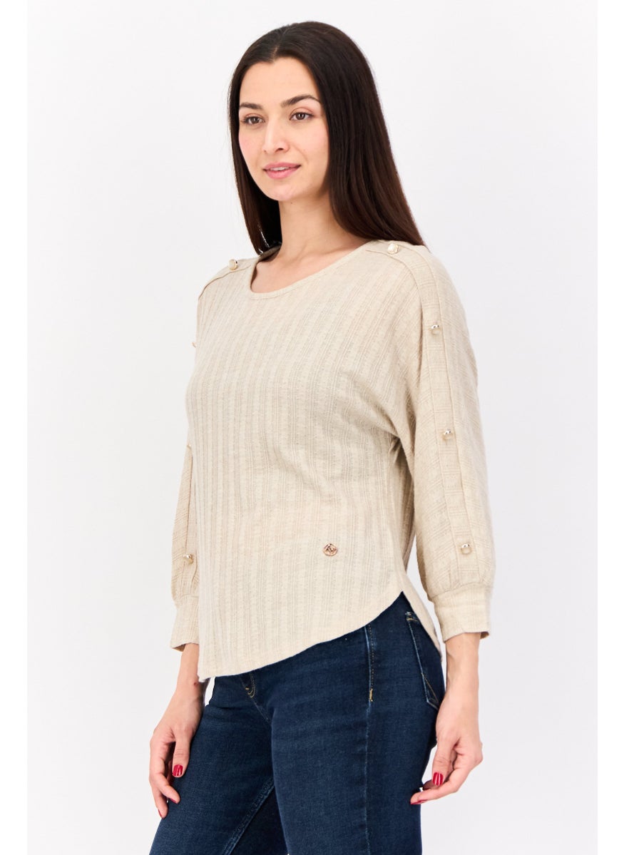 Women Round Neck Textured Top, Light Brown