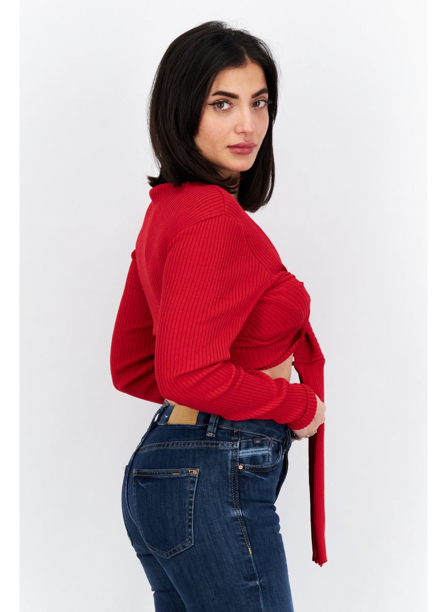 Women Tie Neck Long Sleeve Ribbed Wrap Top, Red