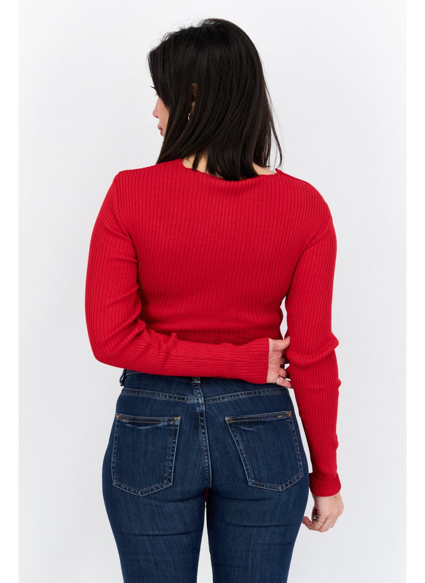 Women Tie Neck Long Sleeve Ribbed Wrap Top, Red