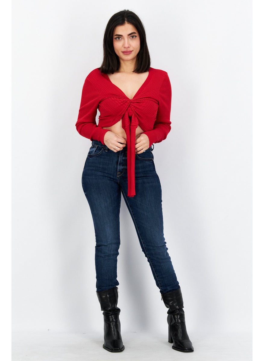 Women Tie Neck Long Sleeve Ribbed Wrap Top, Red