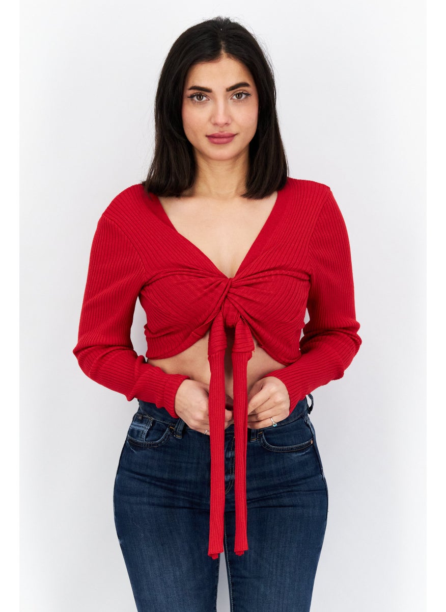 Women Tie Neck Long Sleeve Ribbed Wrap Top, Red