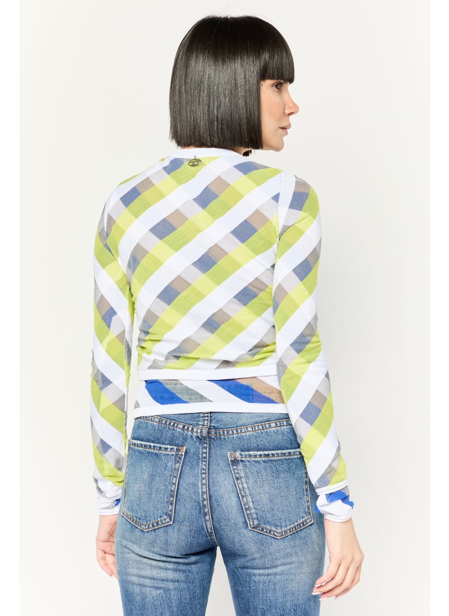 Women Crew Neck Long Sleeves Checkered Top, White Combo