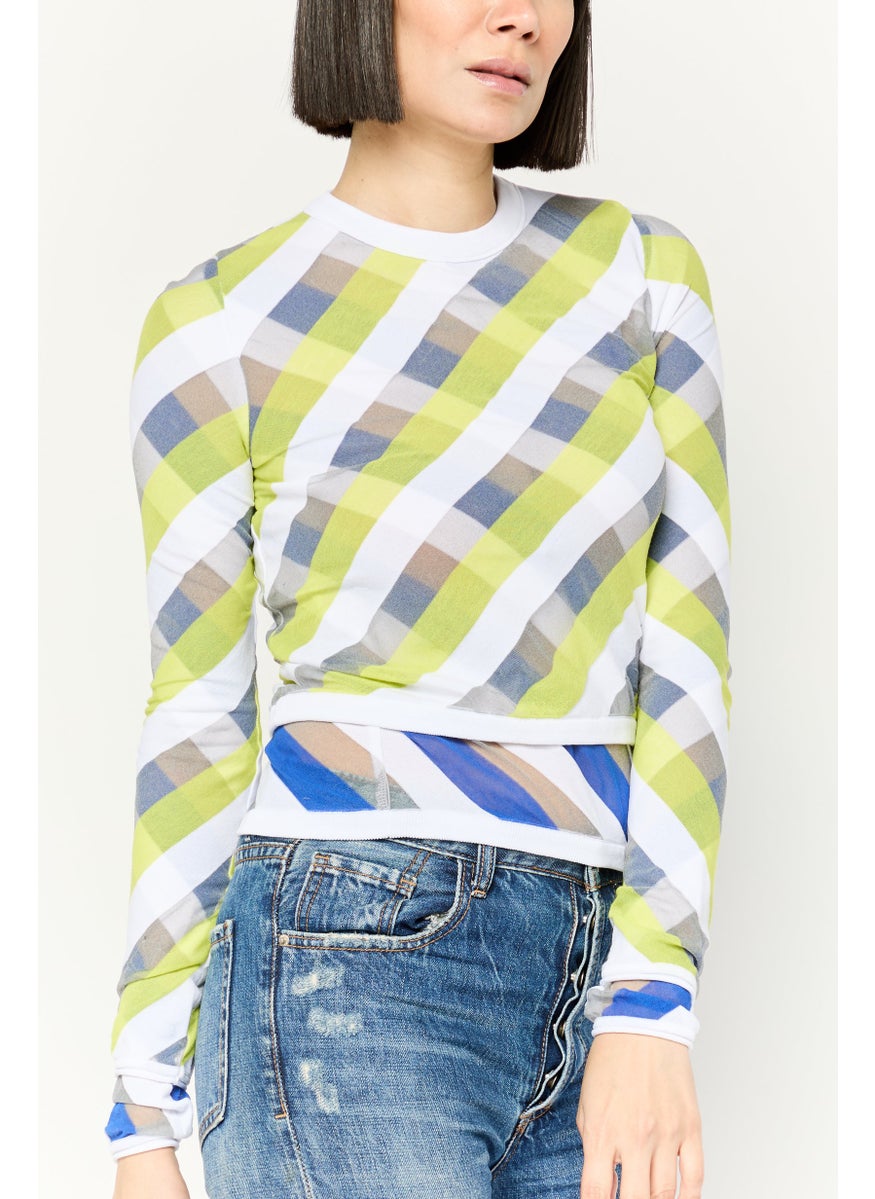 Women Crew Neck Long Sleeves Checkered Top, White Combo