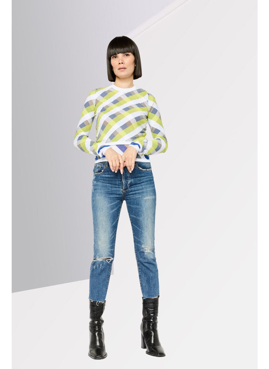 Women Crew Neck Long Sleeves Checkered Top, White Combo