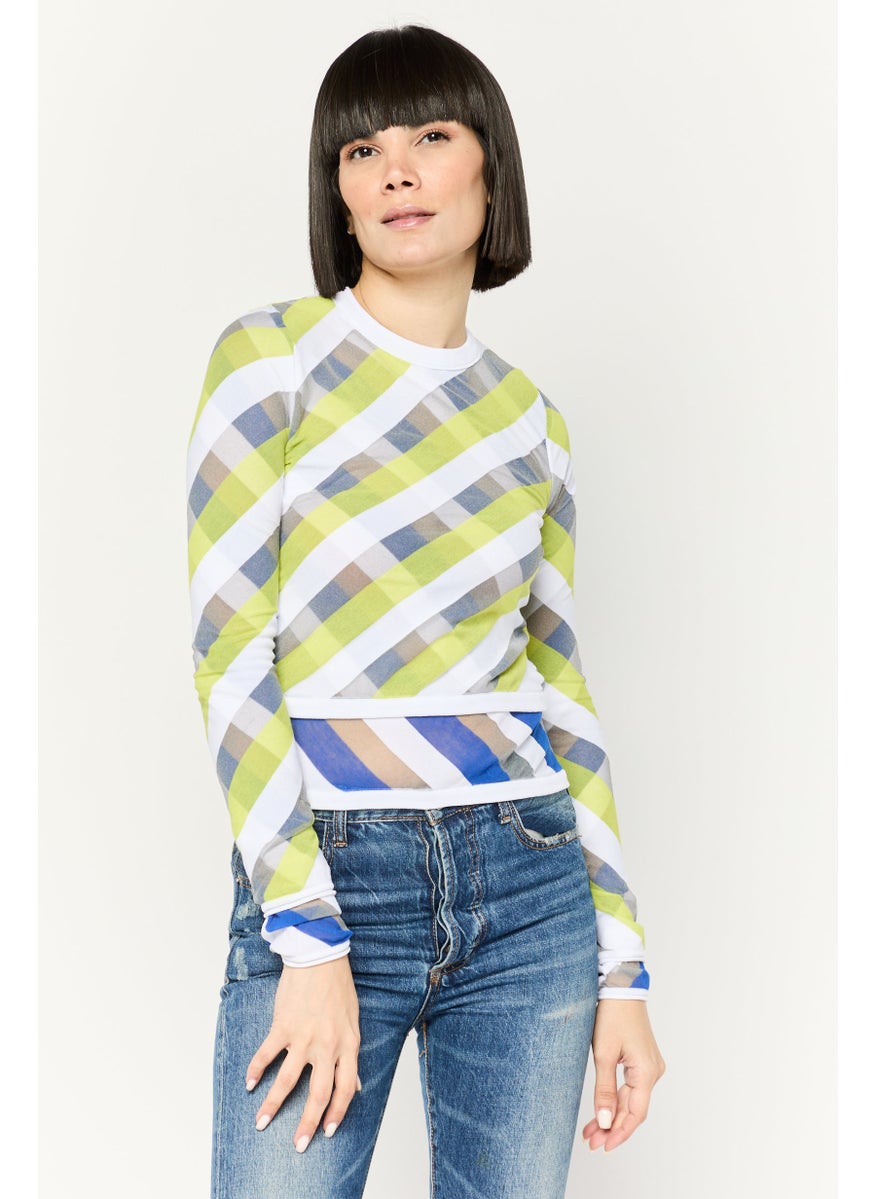 Women Crew Neck Long Sleeves Checkered Top, White Combo