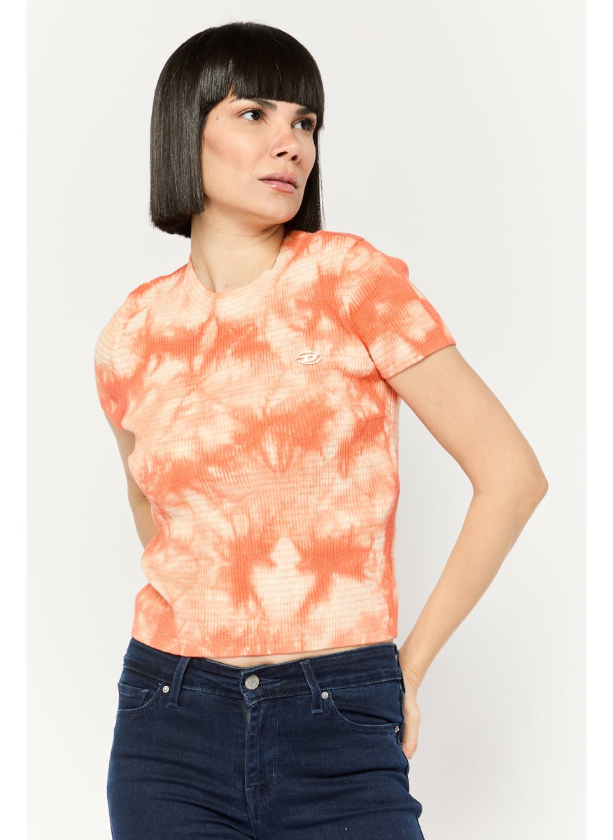 Women Crew Neck Short Sleeves Tie-Dye Top, Orange