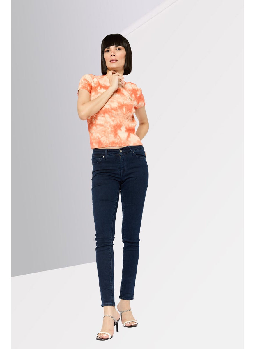 Women Crew Neck Short Sleeves Tie-Dye Top, Orange
