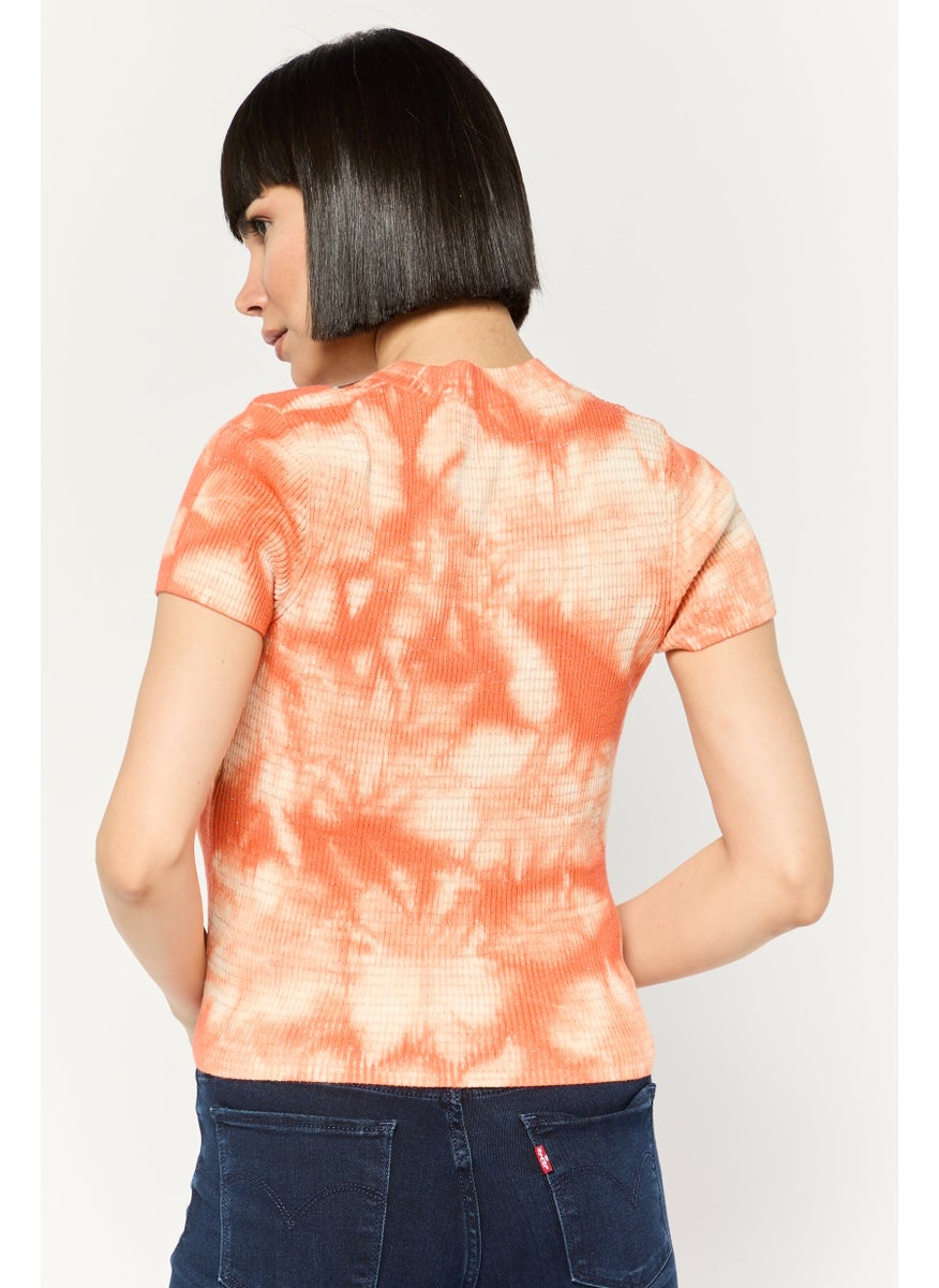 Women Crew Neck Short Sleeves Tie-Dye Top, Orange