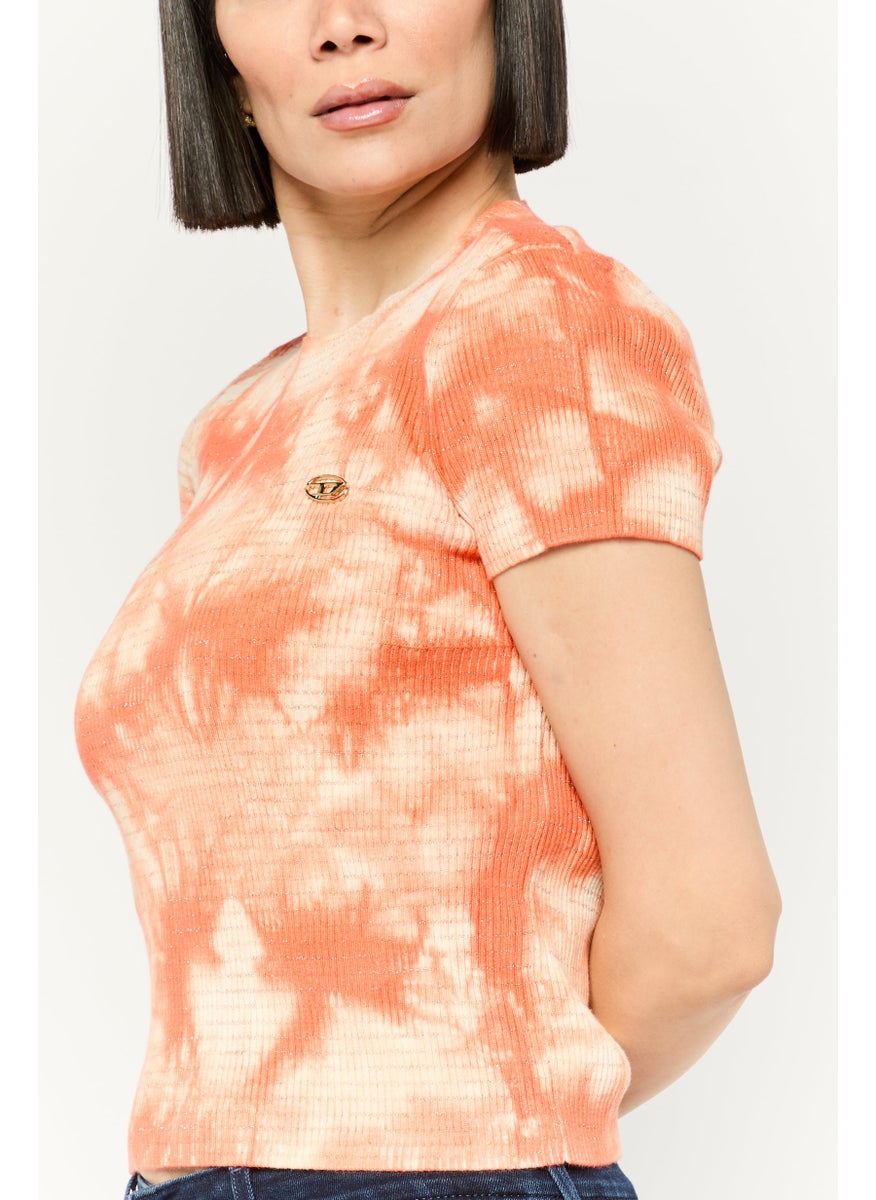 Women Crew Neck Short Sleeves Tie-Dye Top, Orange