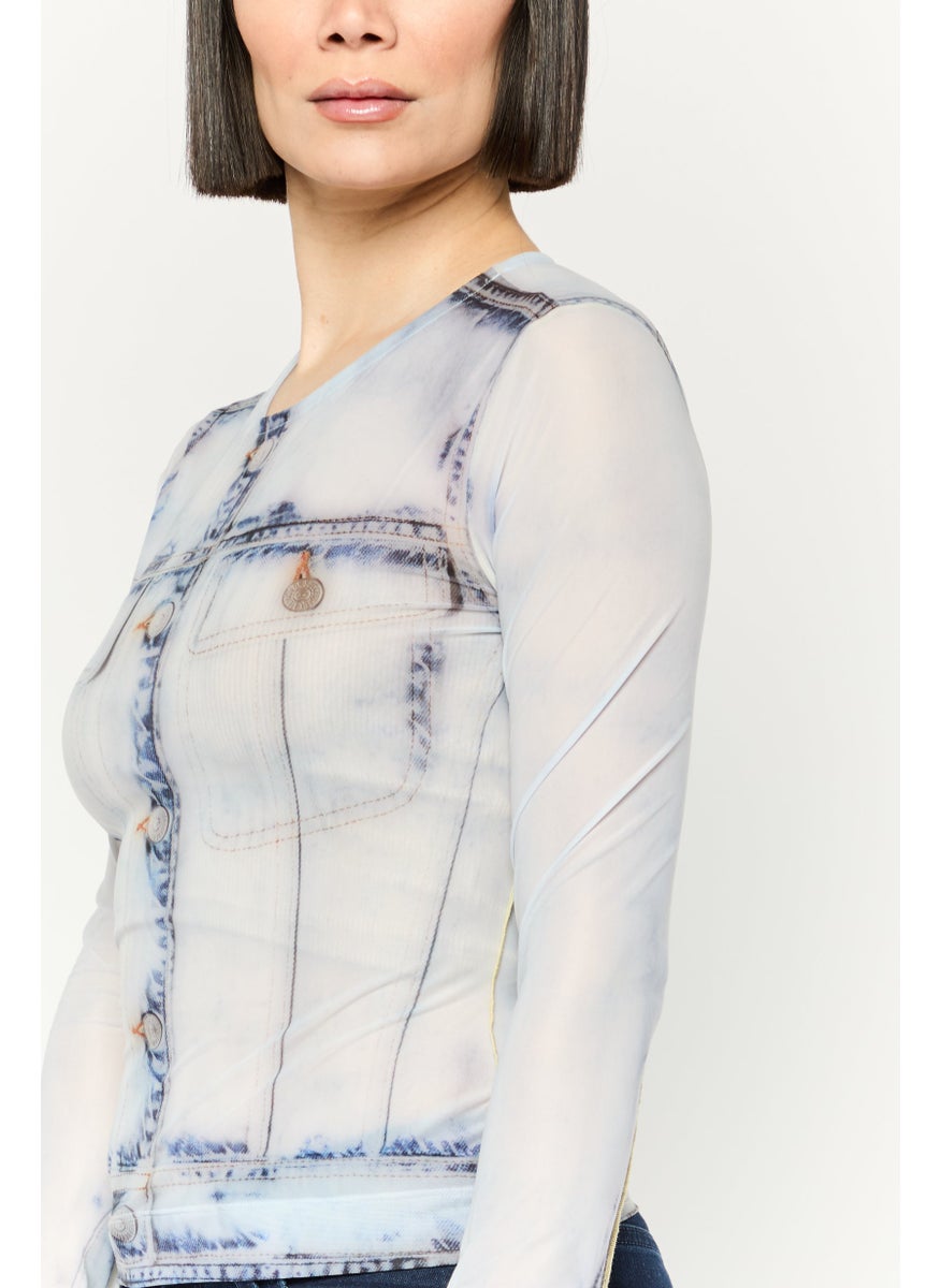 Women Crew Neck Log Sleeve Graphic Print Top, Light Grey