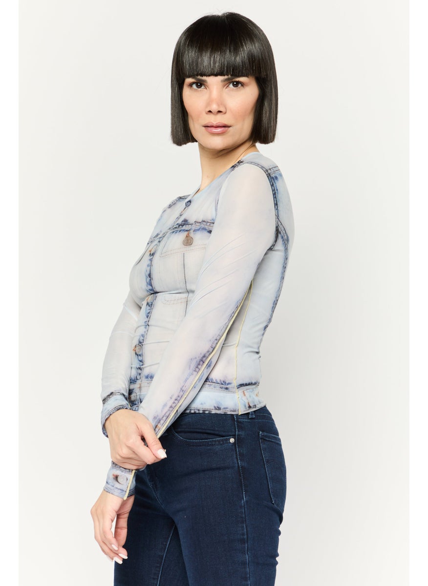 Women Crew Neck Log Sleeve Graphic Print Top, Light Grey