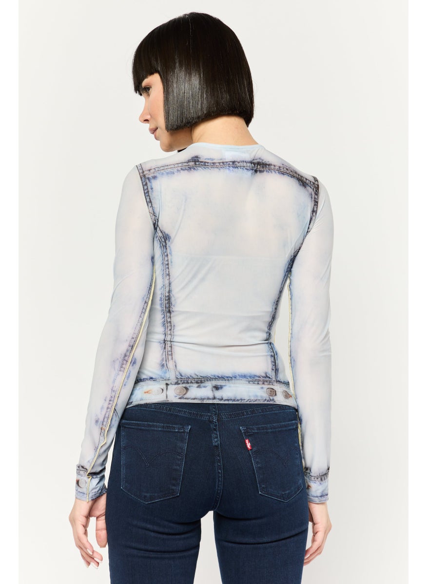 Women Crew Neck Log Sleeve Graphic Print Top, Light Grey