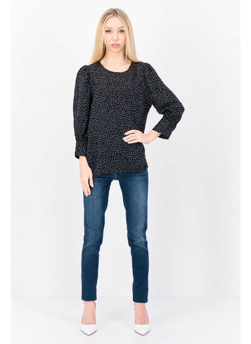 Women Round Neck 3/4 Sleeves Micro Dot Blouse, Multicolor