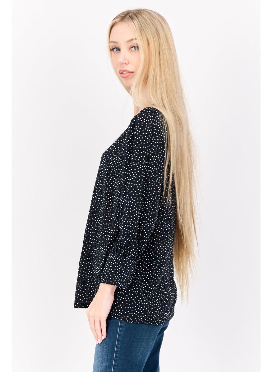 Women Round Neck 3/4 Sleeves Micro Dot Blouse, Multicolor