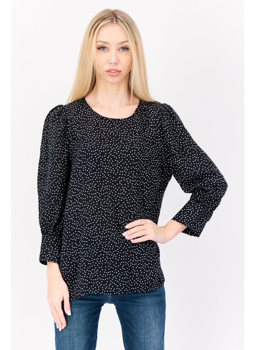 Women Round Neck 3/4 Sleeves Micro Dot Blouse, Multicolor