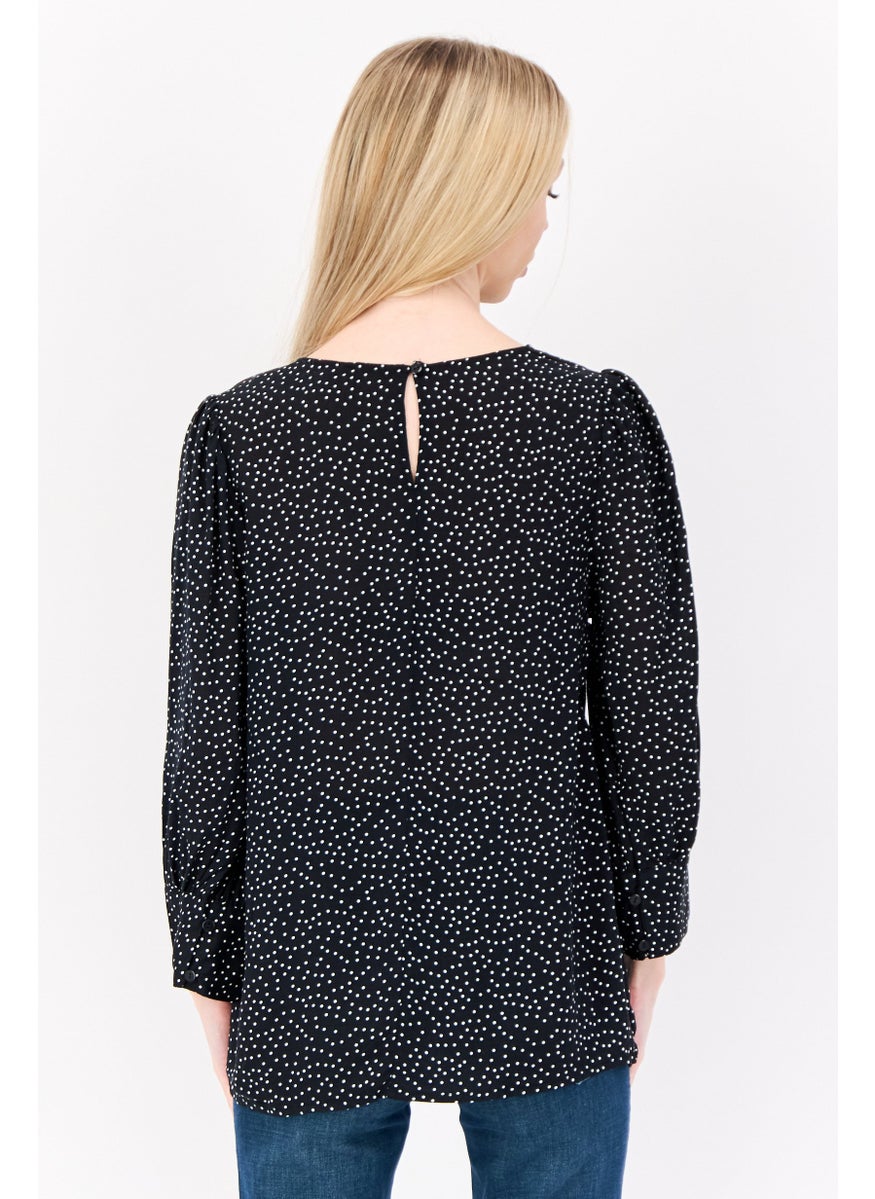 Women Round Neck 3/4 Sleeves Micro Dot Blouse, Multicolor