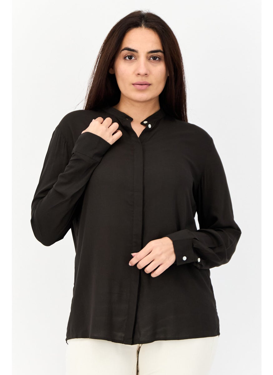 Women Mock Neck Long Sleeves Plain Blouse, Dark Olive