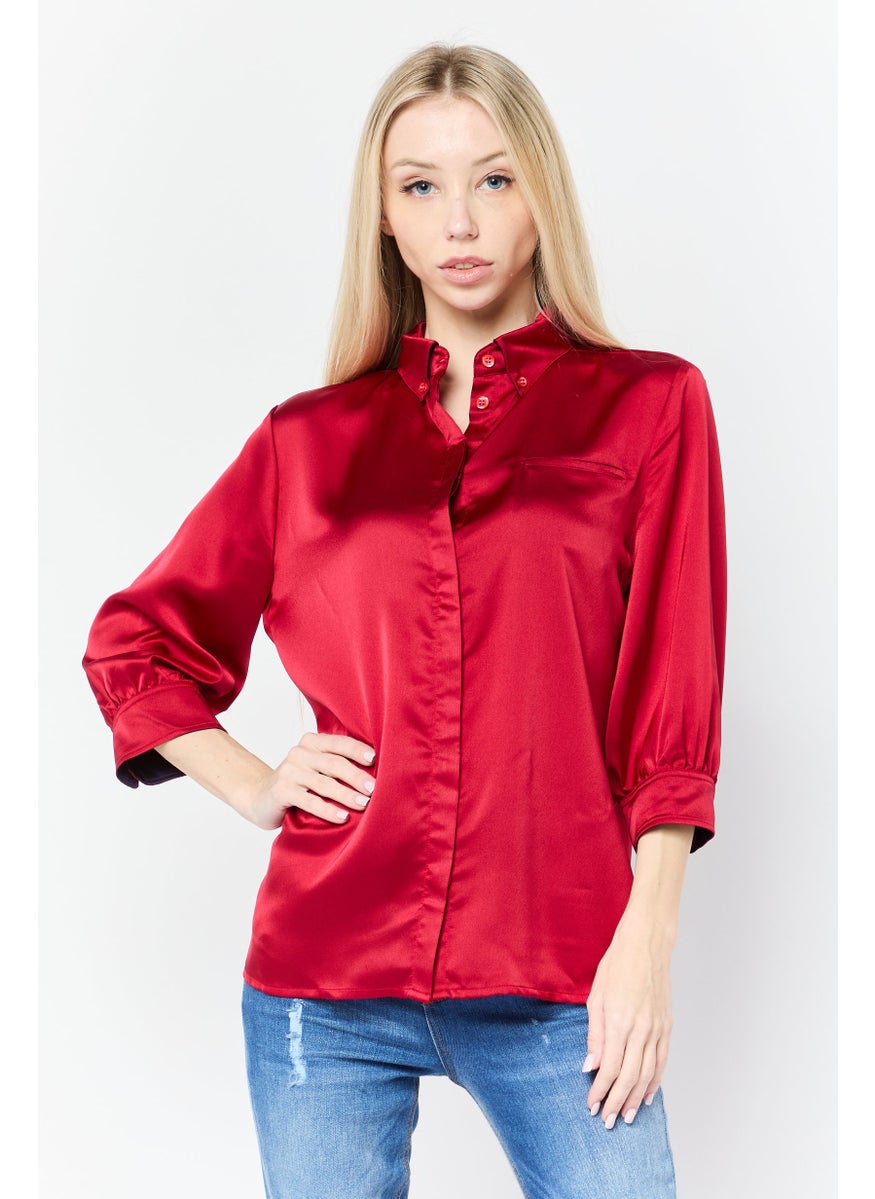 Women Spread Collar Long Sleeves Plain Blouse, Red