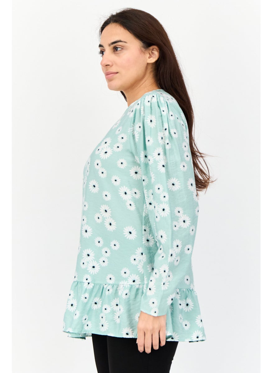 Women Round Neck Long Sleeves Floral Print Blouse, Green