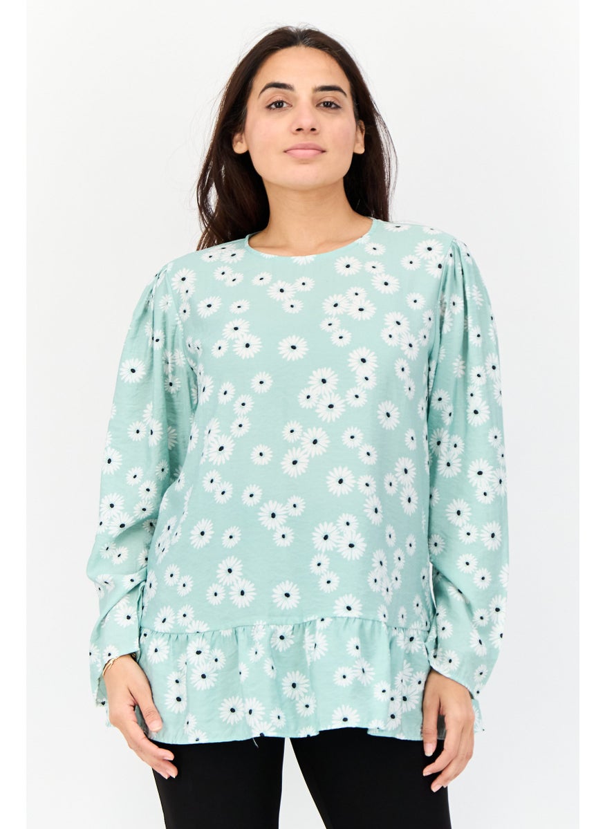 Women Round Neck Long Sleeves Floral Print Blouse, Green