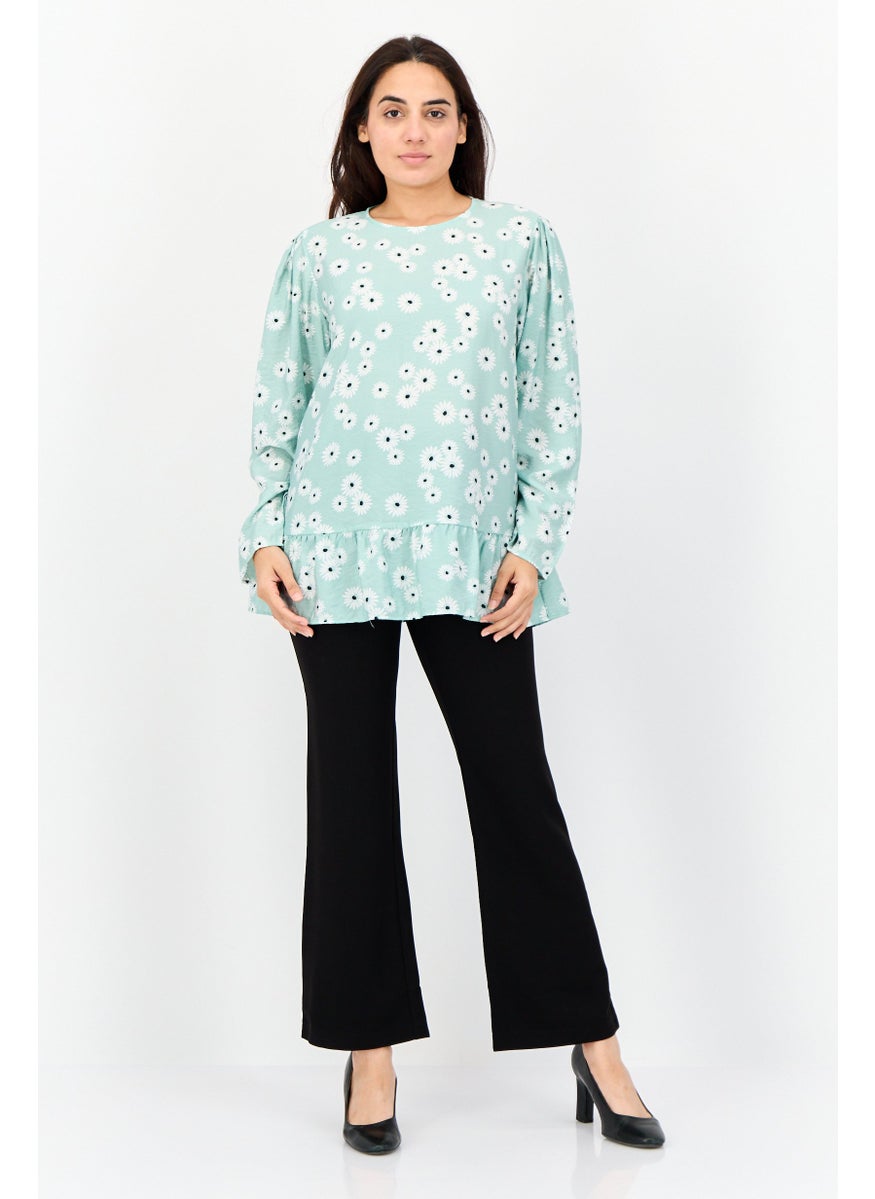 Women Round Neck Long Sleeves Floral Print Blouse, Green