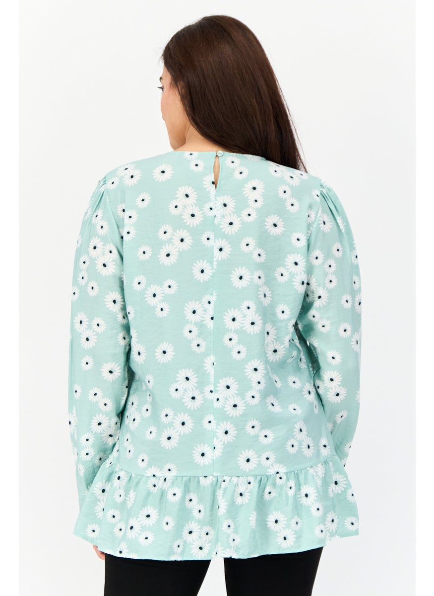 Women Round Neck Long Sleeves Floral Print Blouse, Green
