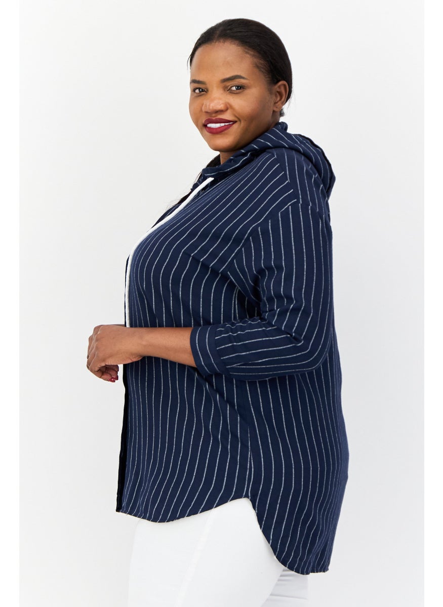 Women Stripe Long Sleeve Hooded Blouse, Navy
