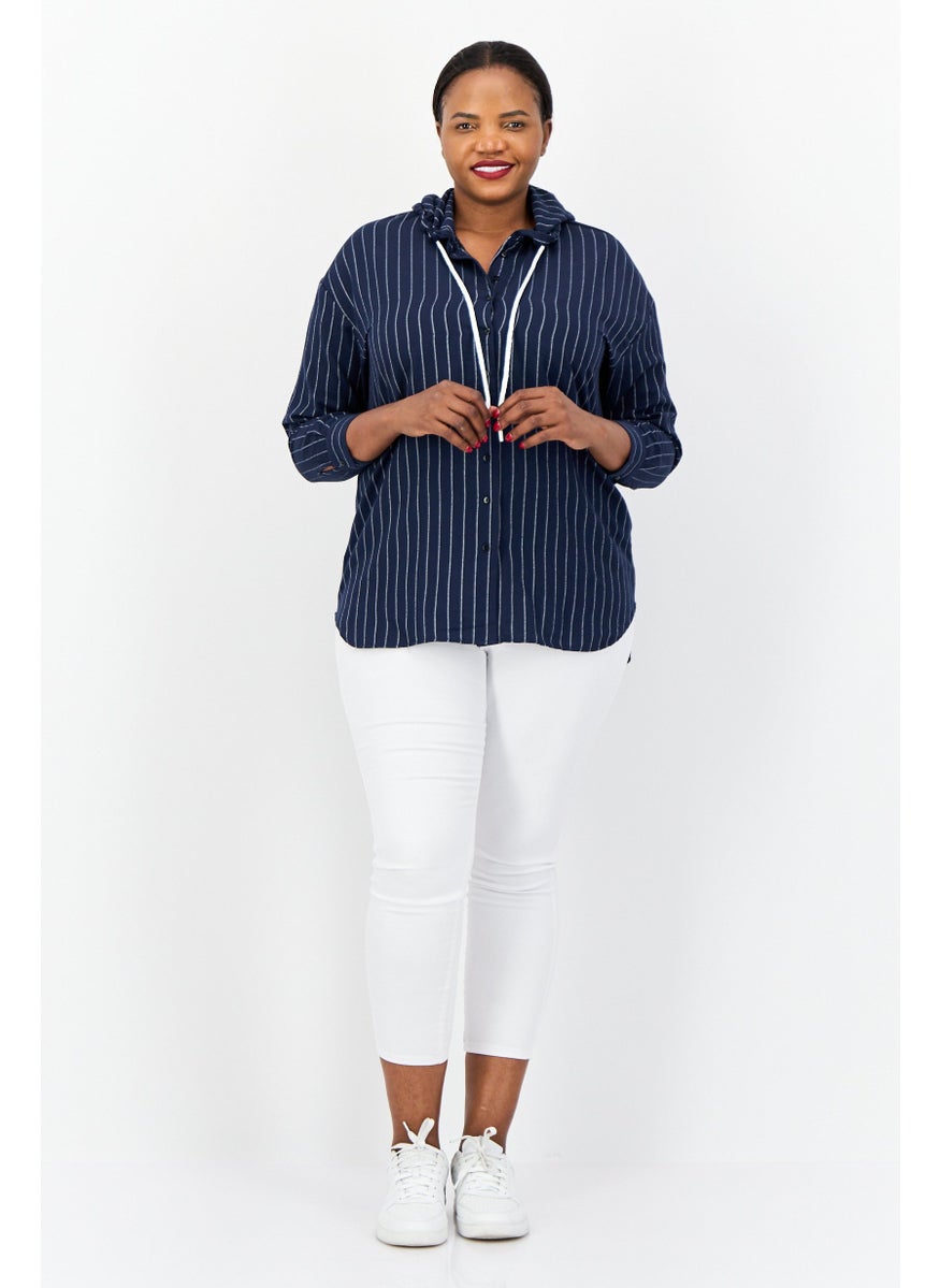 Women Stripe Long Sleeve Hooded Blouse, Navy