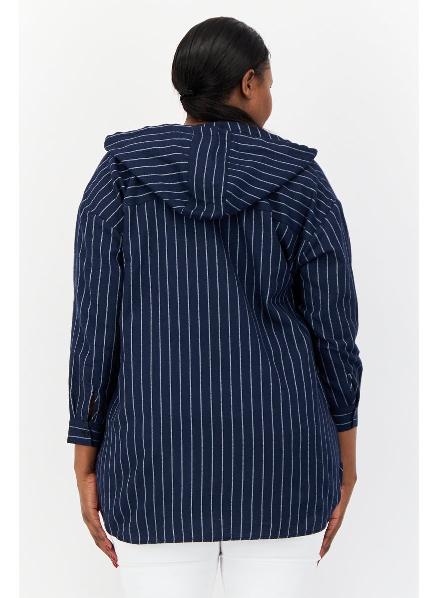 Women Stripe Long Sleeve Hooded Blouse, Navy