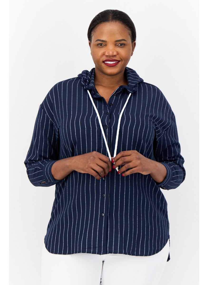 Women Stripe Long Sleeve Hooded Blouse, Navy