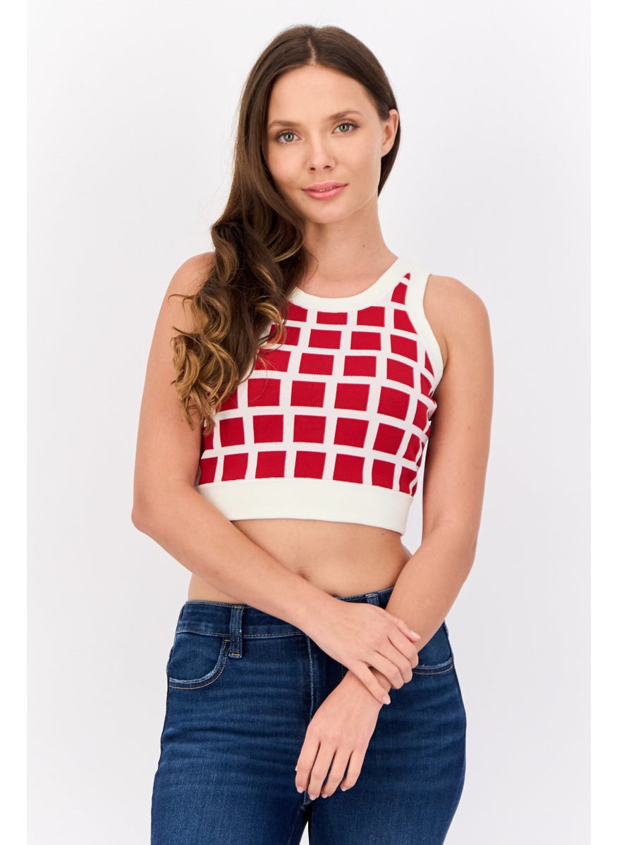Women Crew Neck Checkered Crop Top, Red