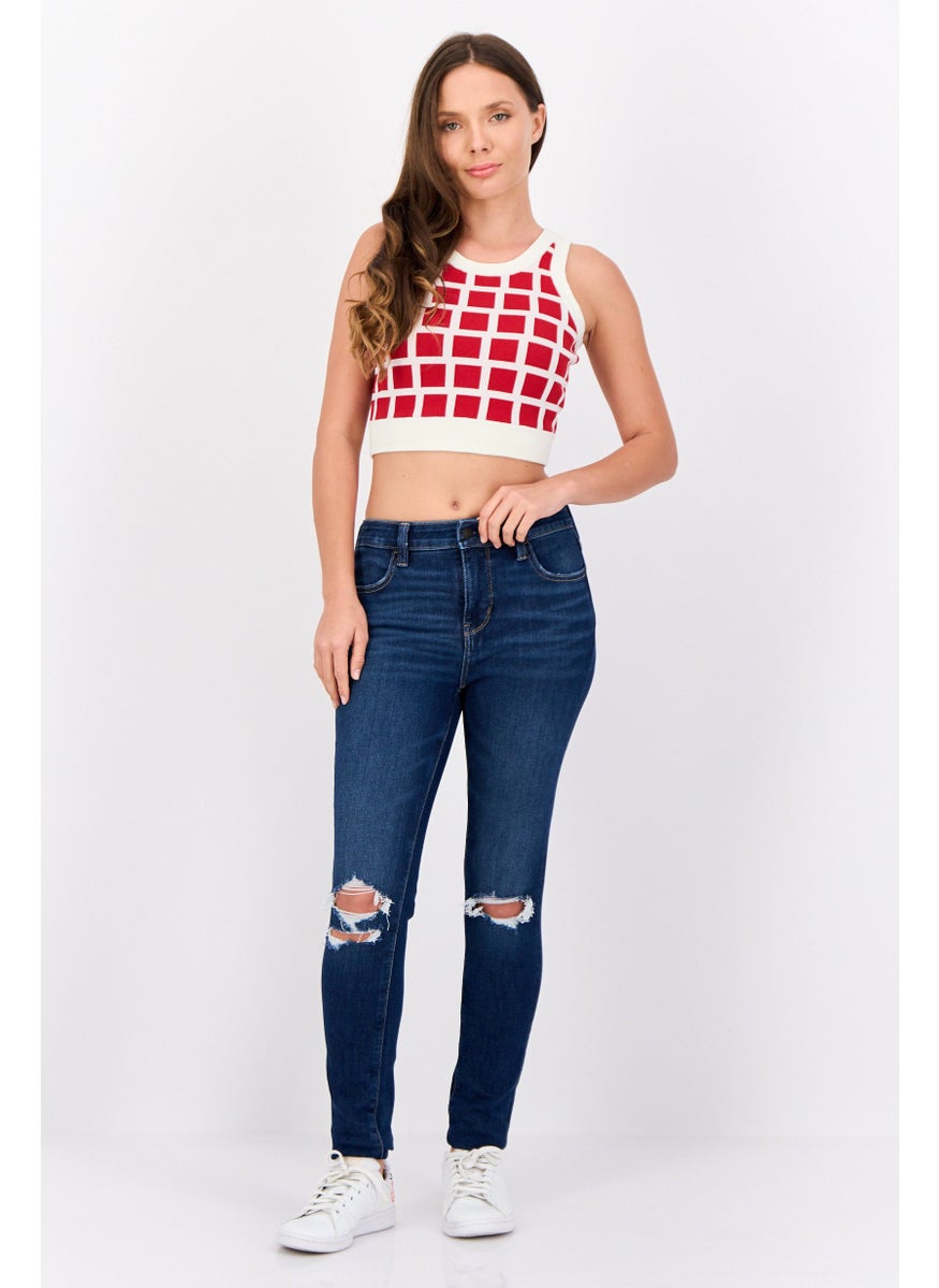 Women Crew Neck Checkered Crop Top, Red