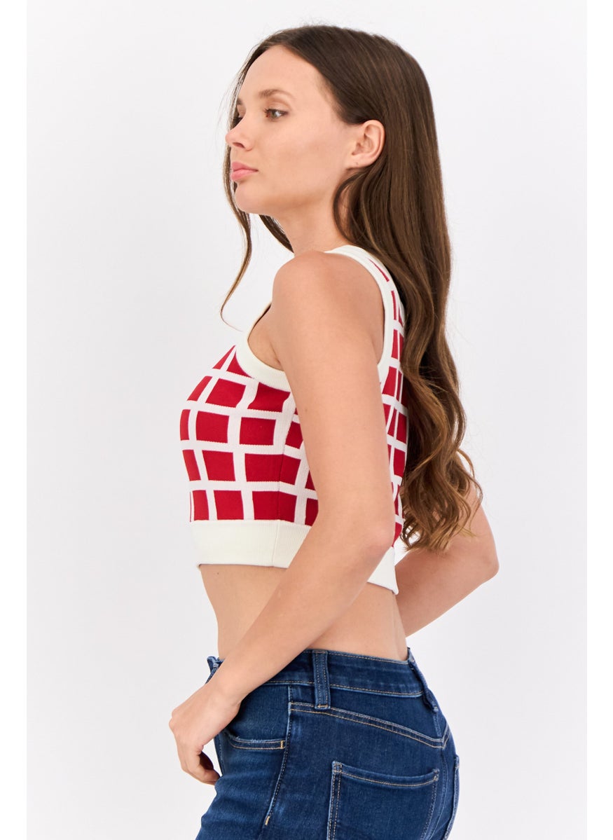 Women Crew Neck Checkered Crop Top, Red